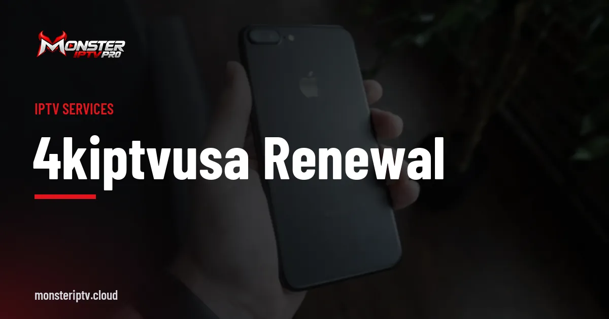 4kiptvusa Renewal banner over a black smartphone held in a hand