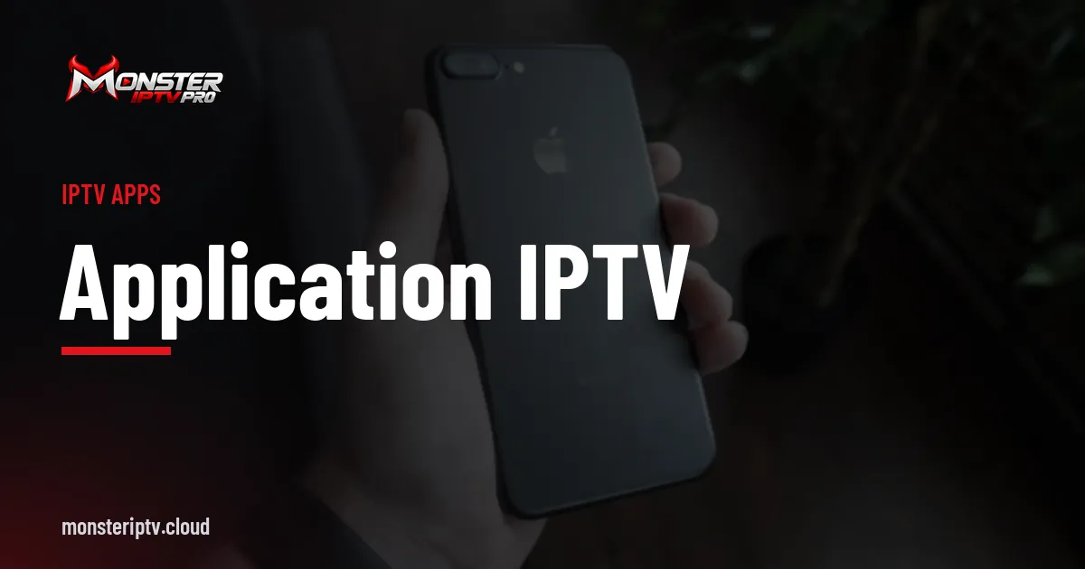 Application IPTV banner over a black smartphone on a desk