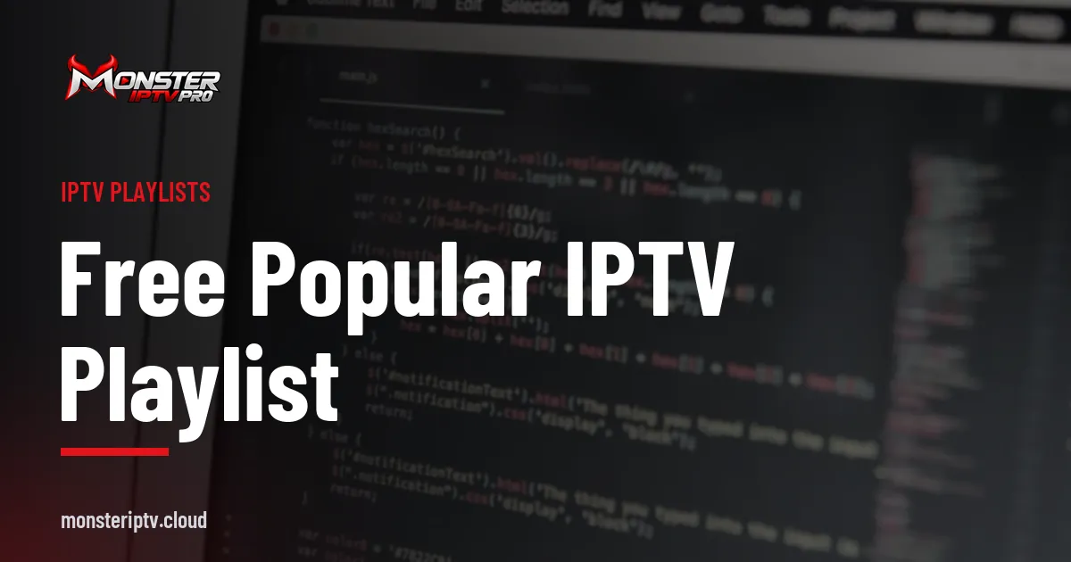 Free Popular IPTV Playlist banner over a laptop screen showing lines of code