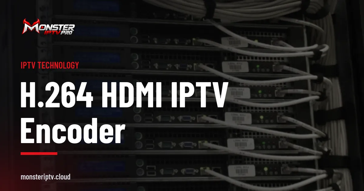 H.264 HDMI IPTV encoder banner over a rack of servers in a data centre
