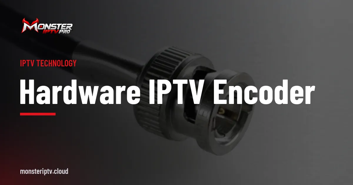 Hardware IPTV encoder banner over BNC connectors on professional video equipment