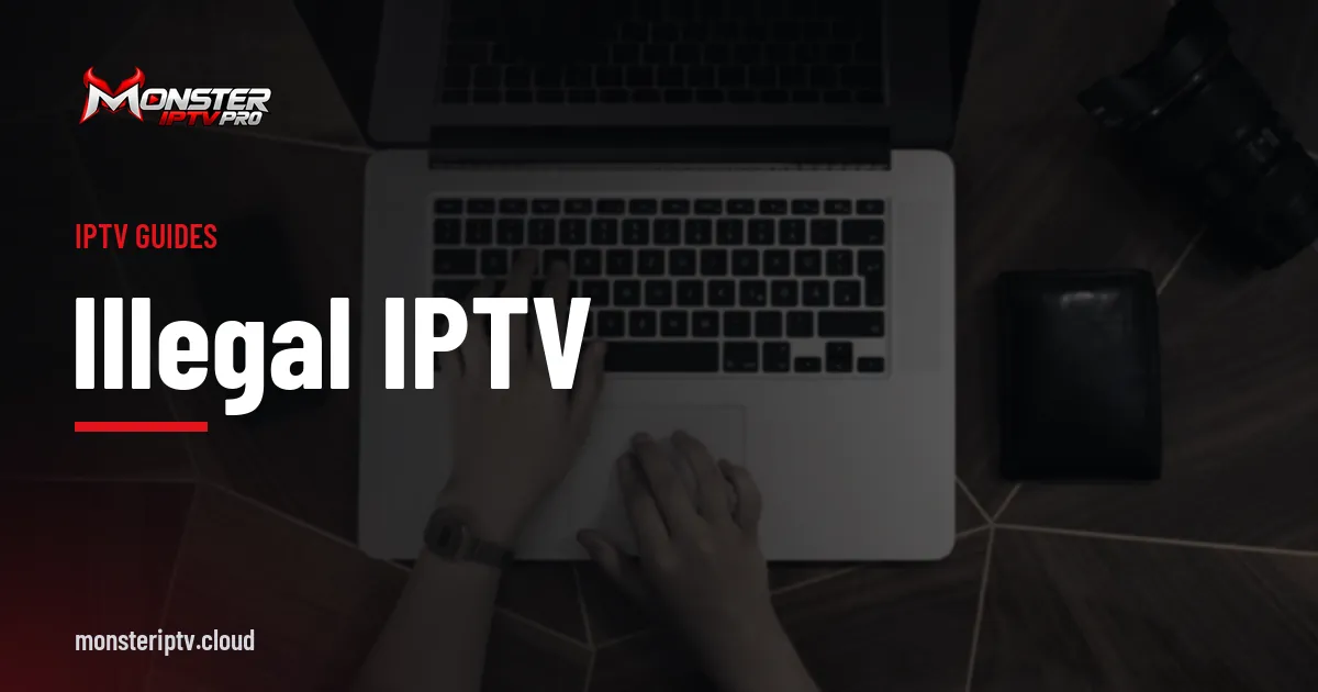 Illegal IPTV banner over hands typing on a laptop keyboard