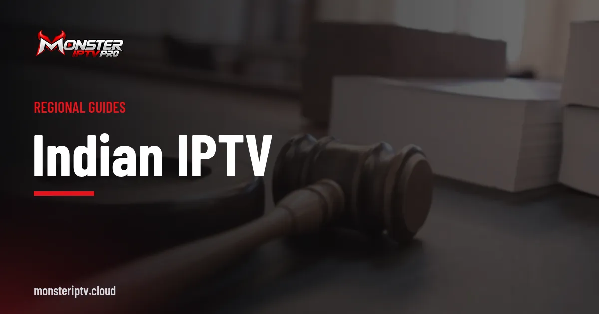 Indian IPTV banner over a judge's gavel, representing legal ways to watch