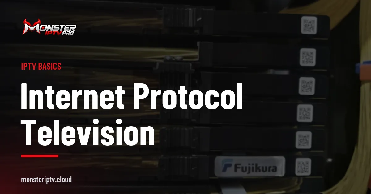 Internet Protocol Television banner over a close-up of fibre optic network cables
