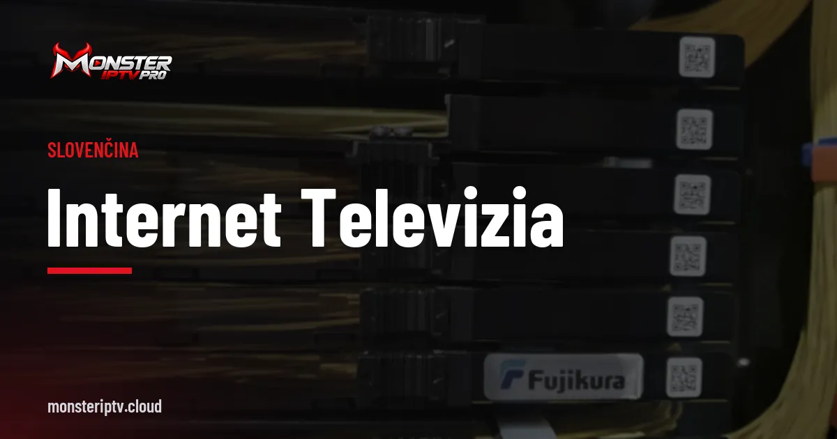 Banner s nápisom Internet televizia nad optickými káblami v dátovom centre