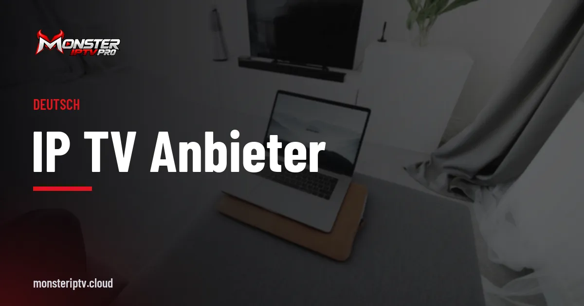 Banner mit dem Text ip tv anbieter über einem Wohnzimmer mit Fernseher