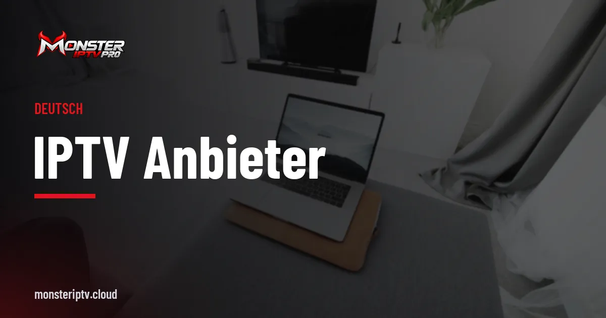 Banner mit dem Text IPTV Anbieter über einem Wohnzimmer mit Fernseher
