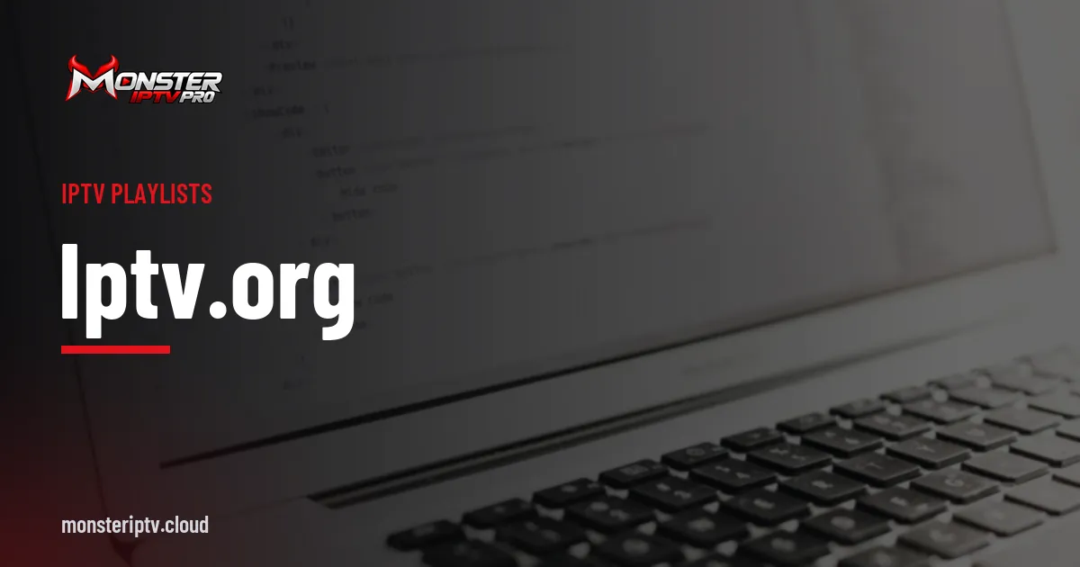 iptv.org banner over a laptop screen with code, representing web addresses and domains