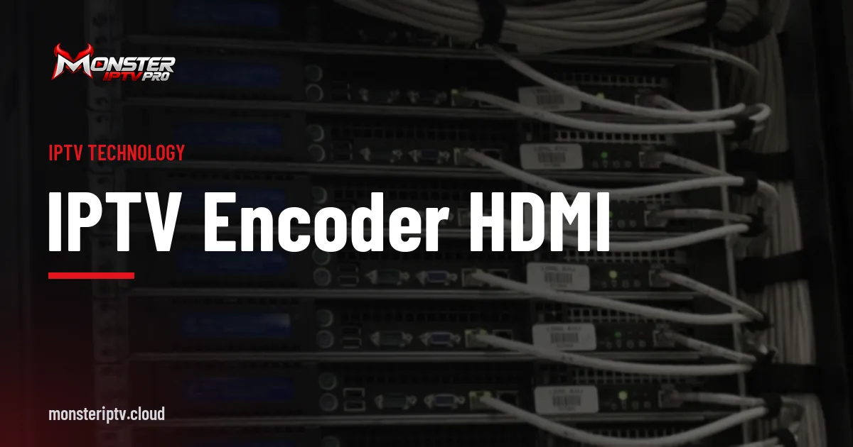 IPTV Encoder HDMI banner over the rear of a server rack with bundled cables