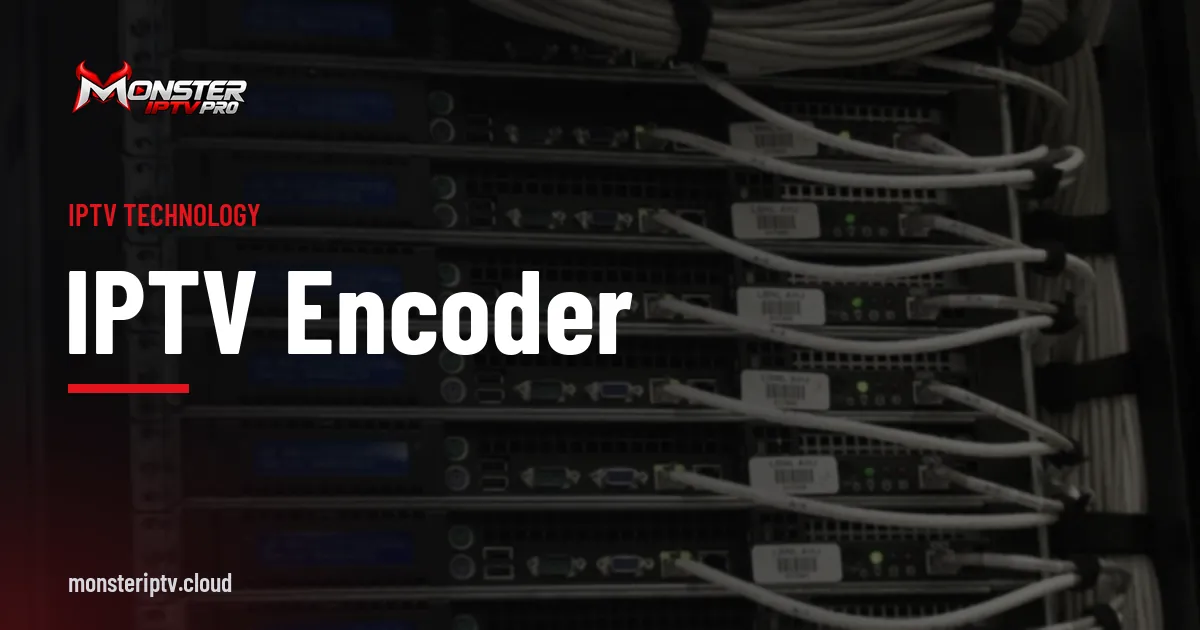 IPTV Encoder banner over the rear of a data centre server rack with network cables