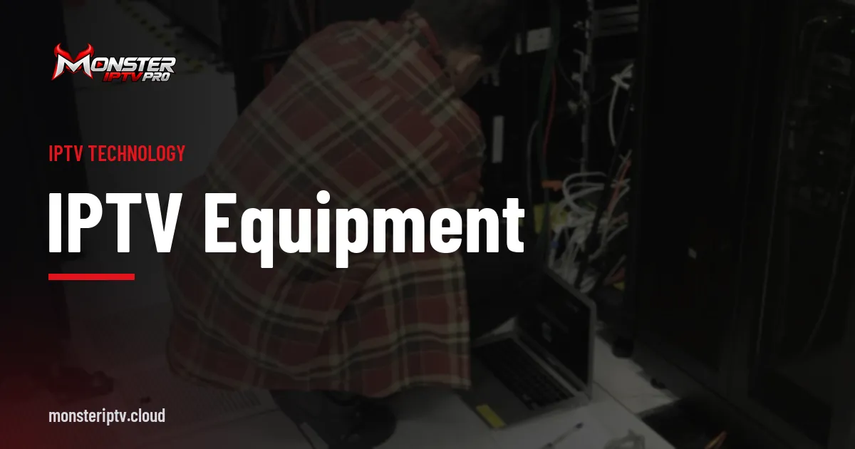 IPTV Equipment banner over a technician working at an open server rack