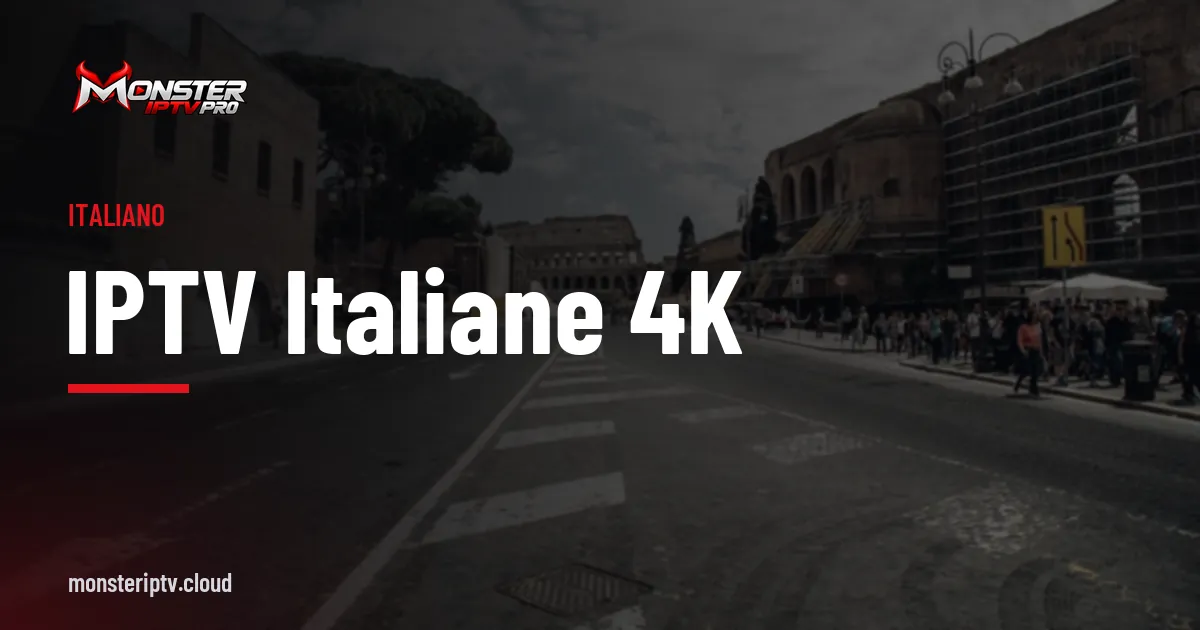 Banner con la scritta IPTV italiane 4K sopra una strada di Roma con il Colosseo sullo sfondo