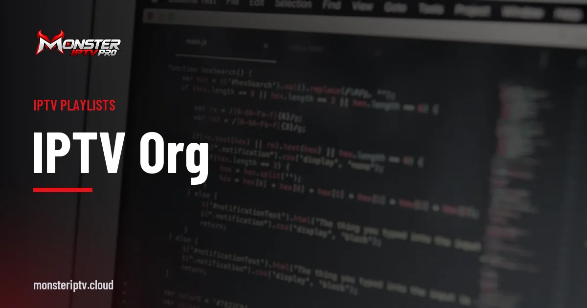 iptv org banner over a laptop screen showing lines of code