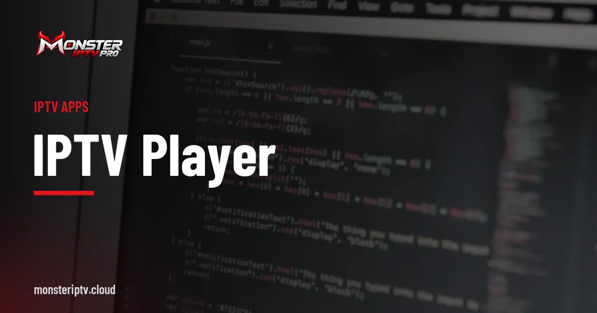 IPTV Player banner over a laptop screen showing lines of code