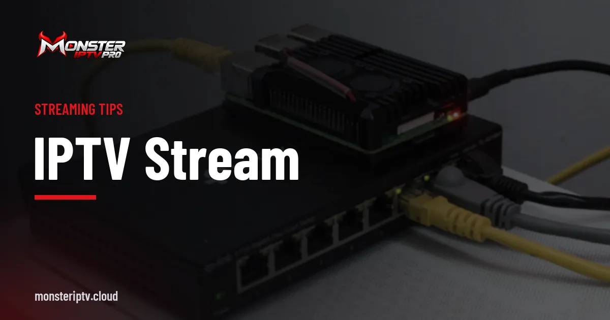 IPTV Stream banner over a small network switch with yellow Ethernet cables