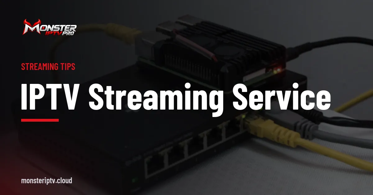 IPTV streaming service banner over a network switch with Ethernet cables