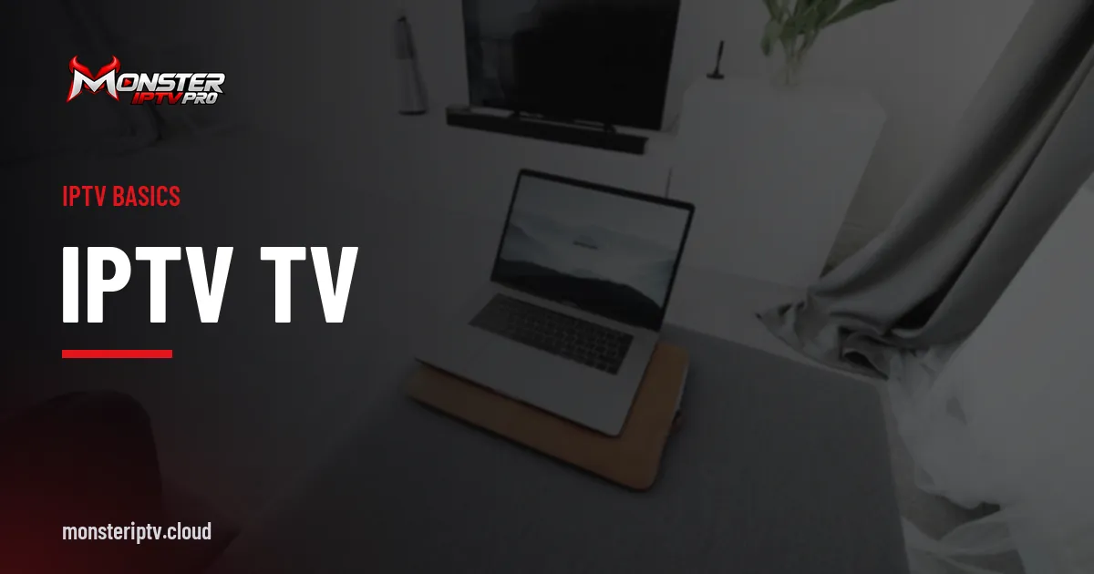 IPTV TV banner over a bright living room with a wall-mounted television