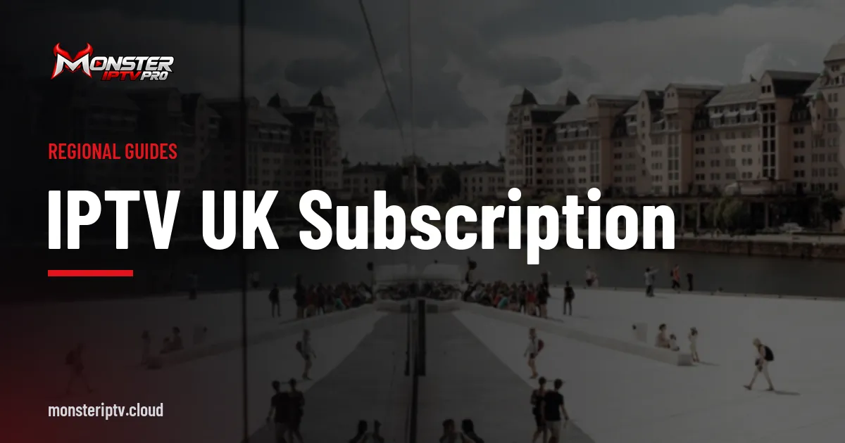 IPTV UK subscription banner over a city skyline at dusk