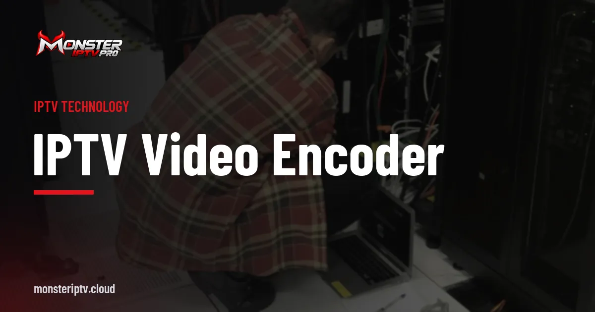 IPTV Video Encoder banner over a technician working at an open server rack