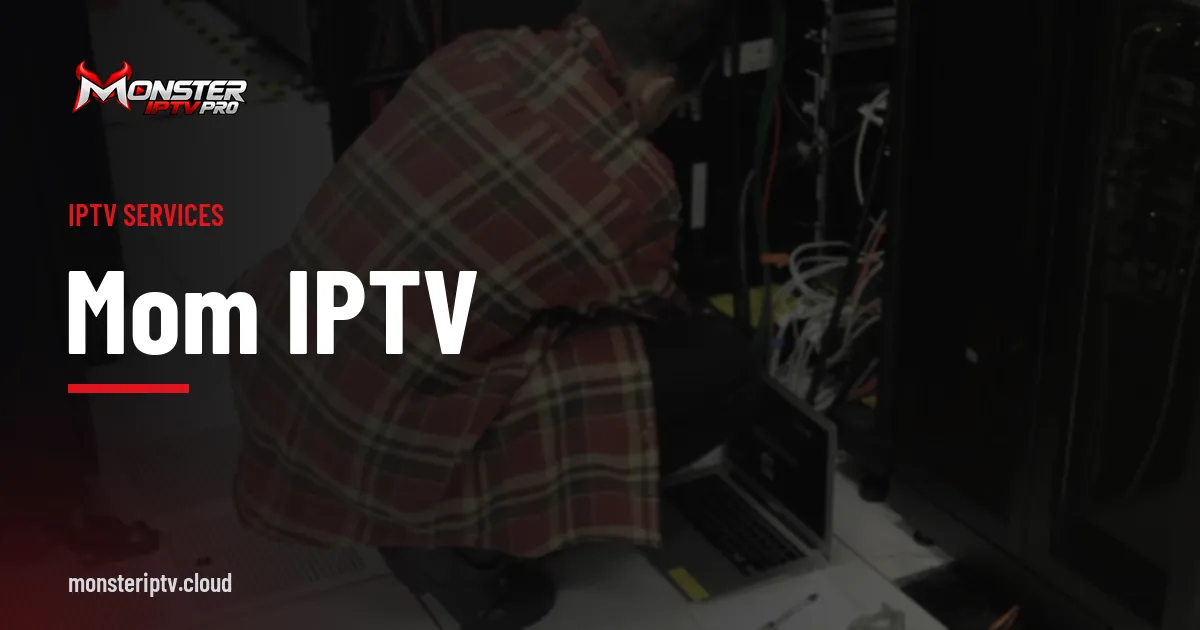 MOM IPTV banner over a technician working at a server rack