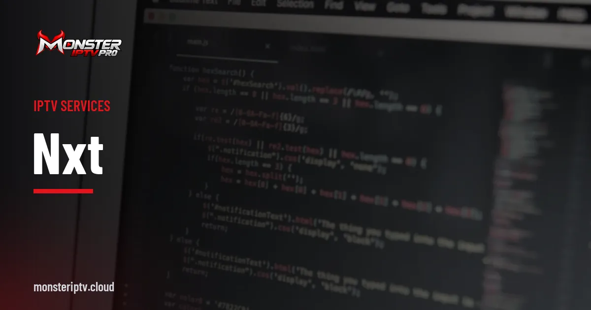 NXT banner over a close-up of code on a screen