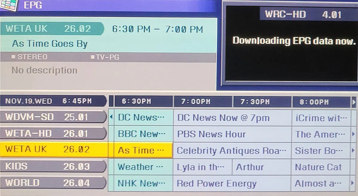 A TV programme guide grid on screen, the kind of guide data some GitHub IPTV projects help create