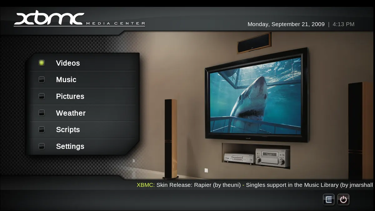 The XBMC media centre home screen, an example of a full-featured player interface with professional options