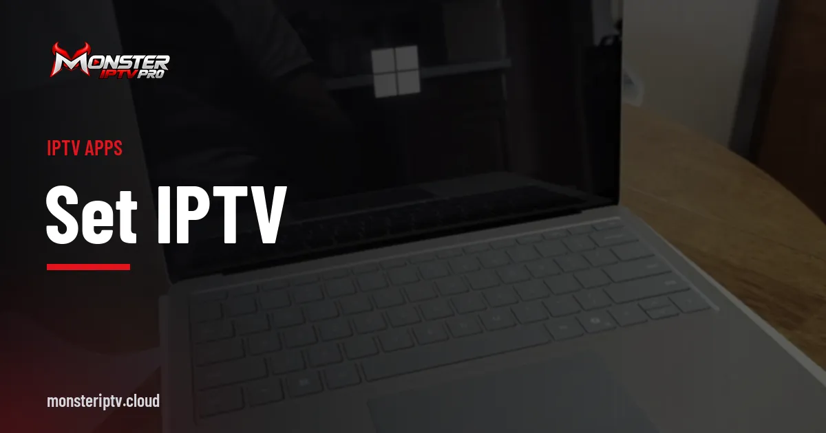 SET IPTV banner over a Surface laptop on a desk