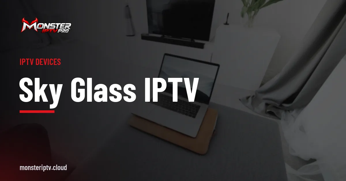 Sky Glass IPTV banner over a bright living room with a television on a white cabinet