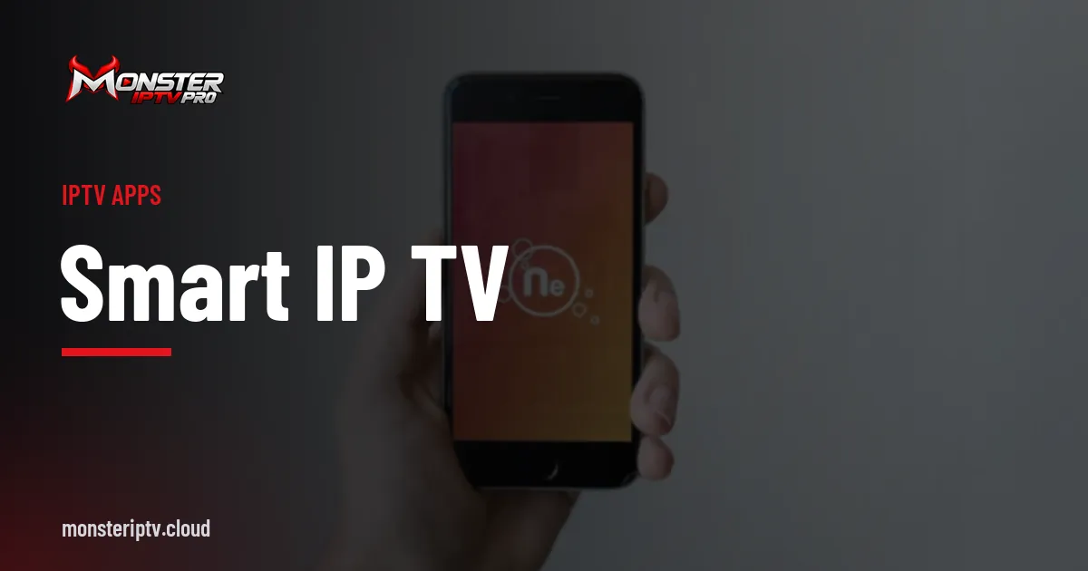 Smart IP TV banner over a smartphone held in a hand