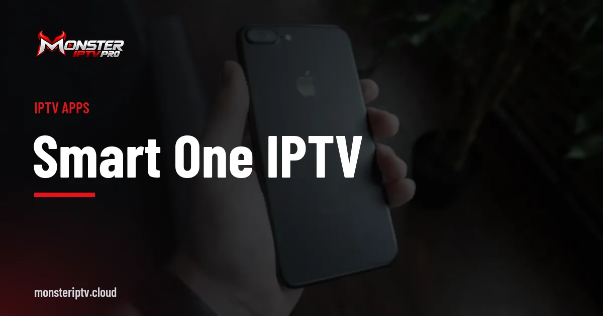 Smart One IPTV banner over a black smartphone on a desk