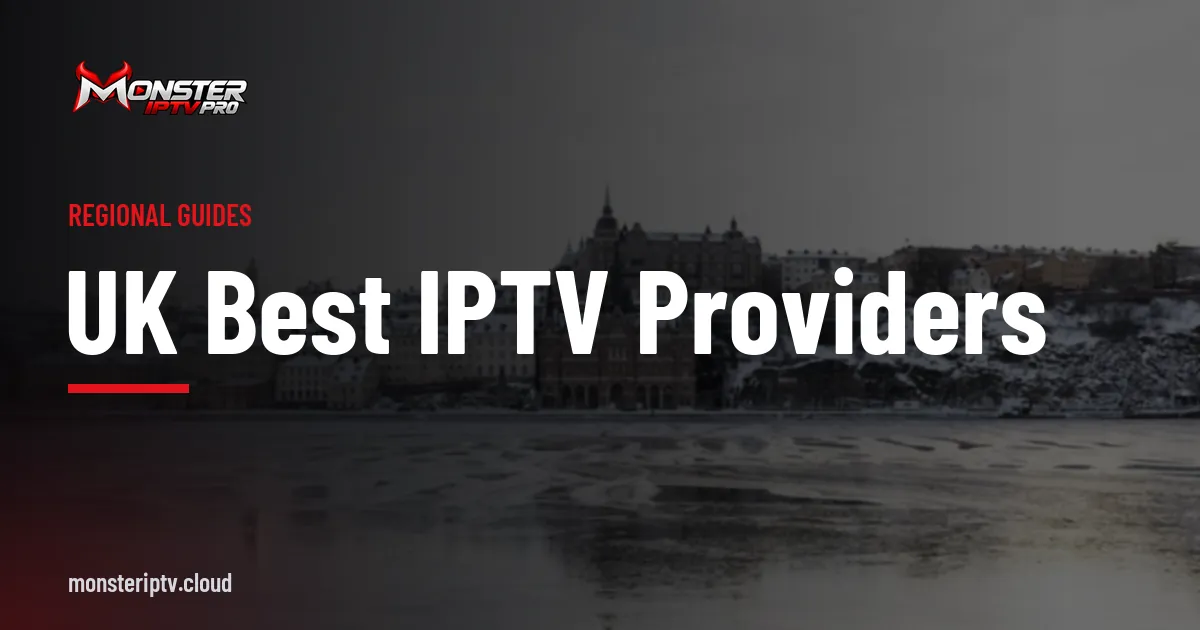 UK best IPTV providers banner over a Stockholm street