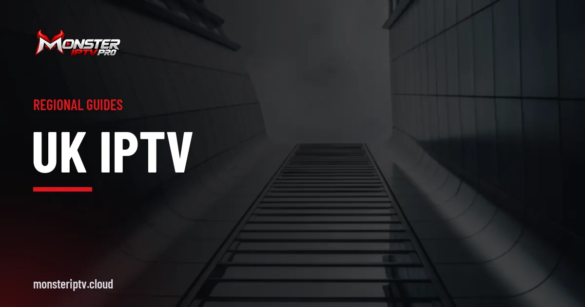 UK IPTV banner over a European city street